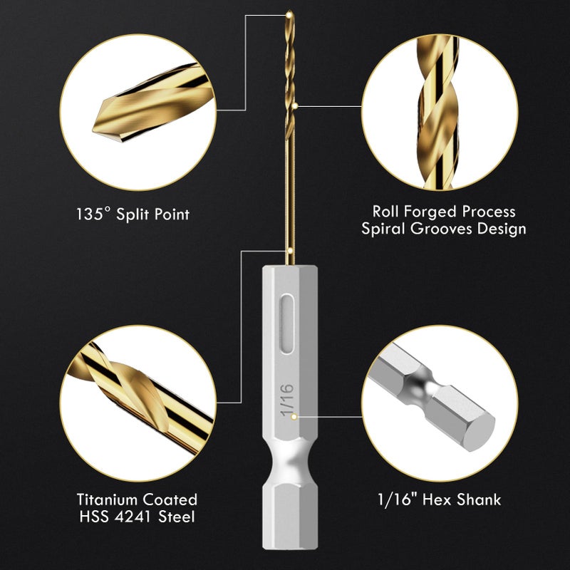 MACXCOIP Hex Shank Drill Bit Set, 16Pcs 1/16"" HSS Titanium Twist Drill Bit for Sheet Metal, Wood, Plastic, Quick Change Design - Image 2